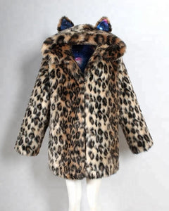 Faux Fur Leopard  Ears Jacket