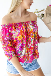 Pink Floral Off Shoulder Chiffon Top