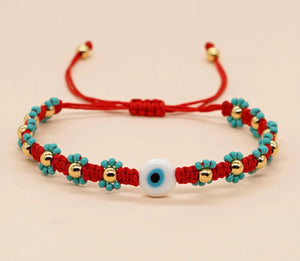 Red & Turquoise Flower Beaded Bracelet