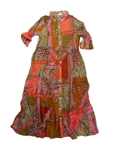 Pink Olive Patchwork Maxi Cotton Dress