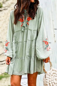 Sage Embroidered Over Size Puff Sleeve Dress